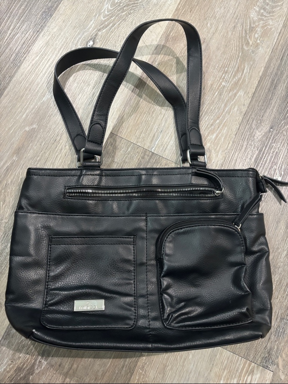 Mincini Black Women's Leather Tote Bag with Front Pockets